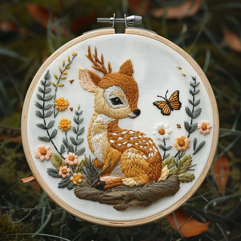 Capture the serene beauty of nature with this Baby Deer and Butterfly Hand Embroidery Pattern! 🦌🦋 Perfect for nature lovers and embroidery enthusiasts, this charming design features a delicate baby deer surrounded by flowers and a butterfly. Ideal for creating beautiful hoop art, this pattern is beginner-friendly and instantly downloadable. Let’s stitch and bring this peaceful woodland scene to life! #EmbroideryArt #NatureLovers #HandEmbroidery #DIYCrafts #WoodlandCreatures Woodland Nursery Embroidery, Embroidered Woodland Creatures, Autumn Embroidery Patterns, Deer Embroidery Pattern, Deer And Butterfly, Animal Hand Embroidery, Embroidery Deer, Woodland Embroidery, Embroidery Hacks