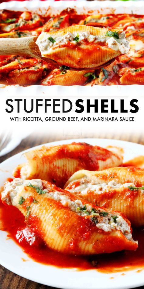 Stuffed Shells with ricotta cheese and ground beef are an easy weeknight dinner the entire family will love! Perfect for making Italian food at home. It’s baked in a casserole dish and is perfect for feeding a crowd or freezing for a freezer meal down the road! Ground Beef Stuffed Shells, Stuffed Shells With Meat, Stuffed Shells Ricotta, Jumbo Pasta Shells, Cheese Stuffed Shells, Ground Beef Recipes Healthy, Pasta Shells, Ground Beef Dishes, Stuffed Shells Recipe