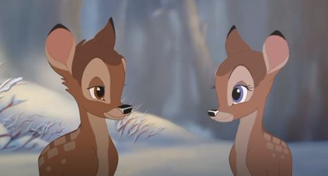 I've always been fond of this ship. And I know this sequel very underrated. But it's actually incredible! Anyway, here's Bambi (left) and Faline (right) interacting. I absolutely of the looks on their faces! True love is in the air! 💙 Bambi 3, Disney Mignon, Disney Ships, Bambi Disney, Walt Disney Characters, Classic Disney Movies, Journal Themes, Happy Tree Friends, Cartoon Profile Pics