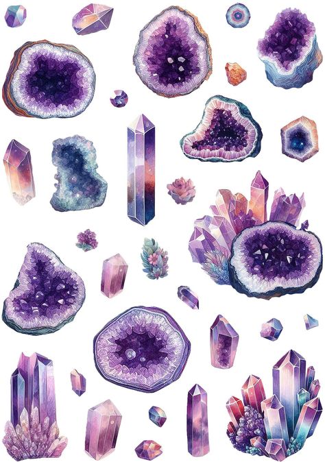 🌟 Explore the Mystical World with Amethyst Crystal Stickers! 🌟 Unlock the enchanting power of amethyst with our Amethyst Crystal Sticker Pack. Dive into the ethereal realm of spirituality and healing with these captivating watercolor painted glossy stickers that capture the essence of this cherished gemstone. 💜 The Essence of Amethyst: Amethyst, the stone of tranquility and intuition, is believed to hold a deep connection to the spiritual world. Its calming energy and vibrant purple hues have been cherished for centuries. Now, you can harness its mystical properties in a whole new way with our crystal stickers. ✨ How to Embrace Amethyst's Magic: Chakra Balancing: Place an amethyst sticker on your forehead during meditation to activate your third eye chakra. Feel the calming energy as it Purple Aesthetic Stickers, Amethyst Watercolor, Crystals Drawing, Spiritual Stickers, Magical Stickers, Ethereal Realm, Magic Watercolor, Purple Stickers, Crystal Illustration