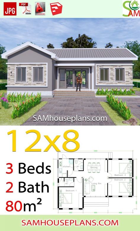 2020 House Plans, Gable Roof House, Pelan Rumah, Affordable House Plans, House Roof Design, Two Bedroom House, Small House Design Exterior, Free House Plans, Building House Plans Designs