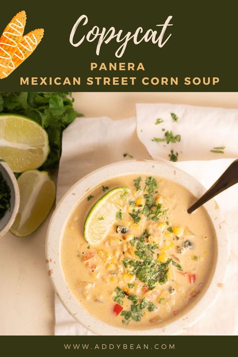 My Copycat Panera Mexican Street Corn Soup is creamy, healthy, and delicious. Inspired by elotes, this chowder will not disappoint! Panera Mexican Street Corn Chowder, Mexican Street Corn Chowder, Street Corn Chowder, Mexican Street Corn Soup, Street Corn Soup, Copycat Panera, Corn Soup, Mexican Street Corn, Street Corn