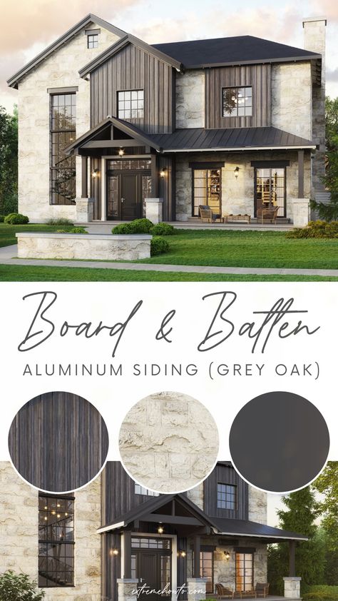 Board And Batten With Stucco Exterior, Stucco Board And Batten Exterior, Stone Veneer And Board And Batten, Board And Batten Siding With Stone, Dark Exterior House Colors Farmhouse, Dark Exterior House Colors Modern, Barndo Colors, Black And Cedar House Exterior, White Board And Batten Exterior