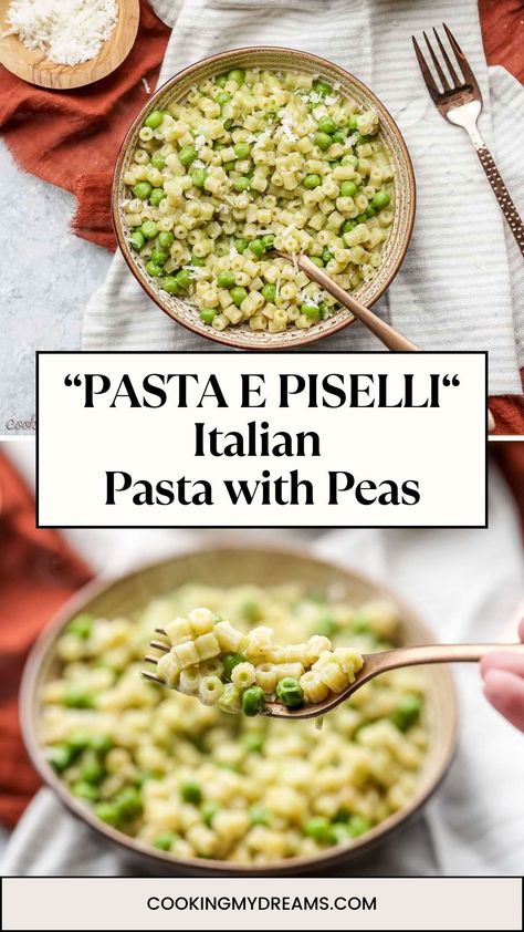 Pasta e Piselli (Creamy Pasta with Peas) Peas With Pasta, Ricotta Pea Pasta, Pasta With Peas And Parmesan, Pasta And Chickpeas, Peas Pasta Recipe, Pasta Peas Recipe, Pasta And Peas Italian, Peas And Pasta Recipe, Pasta Salad Peas