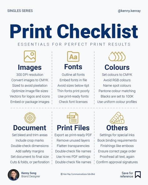 It can be costly to send print files to your printer with errors. We have learned these mistakes over the years, so it’s essential to have a checklist to ensure your files are in order. This infographic is the perfect checklist to avoid these common mistakes. Follow @kenny.kenray for more tips in branding and design. #graphicdesigners #designinspiration #designstrategy #designbusiness #brandingdesign #graphicdesignstudent #graphicdesigntips #designtips #graphicdesigning #designprinciples ... Logo Design Checklist, Graphic Design Package Pricing, Graphic Design Checklist, Graphic Design Activities, Graphic Design Content, Brand Marketing Strategy, Team Management, Page Layout Design, Graphic Design Tutorials Learning