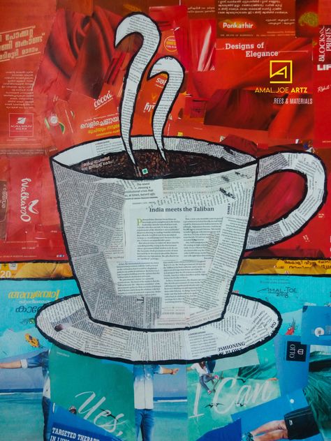 Collage Using Recycled Materials, Collage Recycled Materials, Coffee Collage Art, Class Magazine Ideas, Collage Magazine Art, Paper Collage Art Ideas Easy, Art Title Page Ideas, Food Collage Art, Magazine Collage Ideas