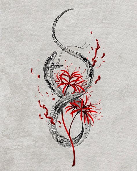 Spider Lily Tattoo, Lily Tattoo Design, Pretty Tattoo, Pola Tato, Simple Tattoos For Guys, Red Spider Lily, Tattoo Concepts, Spider Lily, Snake Tattoo Design