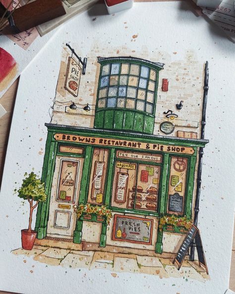 Una / watercolour artist (@inkypaperhouse) • Fotos y videos de Instagram Watercolour Urban Sketch, Watercolour Buildings Simple, Urban Watercolor Sketching, Watercolor Illustration Ideas, Watercolor Urban Sketching, Watercolor Art Buildings, Town Doodles, Urban Sketching Watercolors, Aesthetic Watercolor Art Ideas