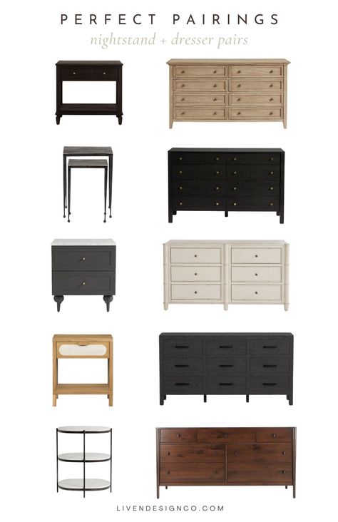 nightstand and dresser pairings. bedroom furniture. nightstand and dresser combos. mix and match bedroom furniture Mix Matched Bedroom Furniture Ideas, Dresser Nightstand Ideas, Mix And Match Bedroom Furniture, Mix And Match Bedroom, Nightstand And Dresser, Calming Paint Colors, Matching Dressers, Unique Dresser, Nightstand Dresser