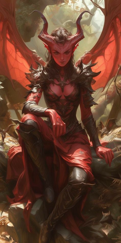 Tiefling Wings, Dnd Devil Art, Rose Character Design, Red Tiefling Female, Demon Woman Art, Dnd Devil, Female Demon Art, Cambion Art, Dnd Demon