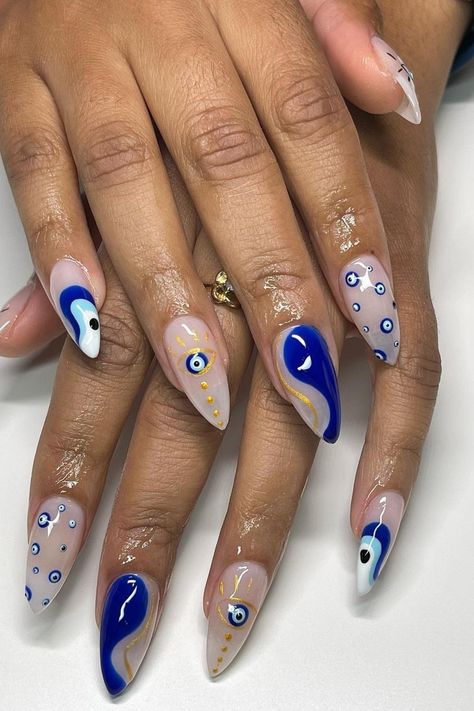 Dark Blue Nails Evil Eye, Nail Design With Evil Eye, Evil Eye Nails With Gold, Evil Eye White Nails, Greek Inspo Nails, Navy Halloween Nails, Gel Nails Evil Eye, Evil Eye Gel Nails, Evil Eye Almond Nails