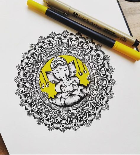 Ganesh Drawing Mandala, Easy God Mandala Art, Ganesh Mandala Art Colourful, Mandala Ganpati Drawing, Ganesh Mandala Art Easy, Ganesh Doodle Art, Mandala Ganesha Art, Ganesh Ji Mandala Art, Ganesha Drawing Mandala