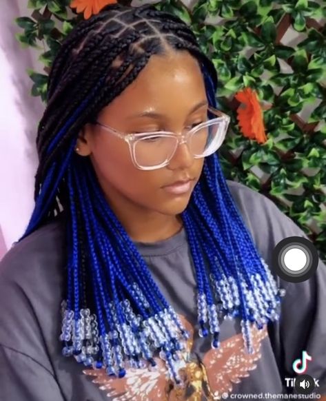 Hairstyles For Black Women Braids Beads, Peek A Boo Box Braids With Beads Short, Brown And Blue Box Braids, Peekaboo Knotless Braids Blue, Blue Peekaboo Braids With Beads, Green Box Braids With Beads, Purple Peekaboo Braids With Beads, Dark Blue Peekaboo Braids, Box Braids With Blue Beads