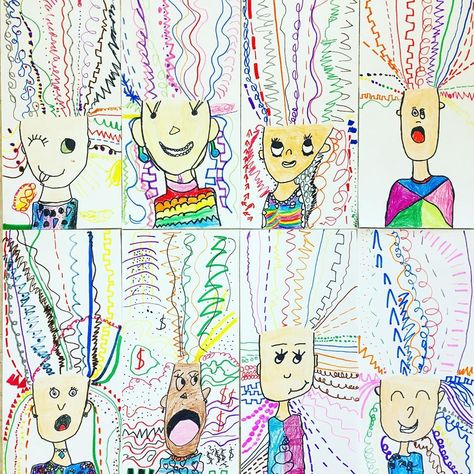 Miss Blomgren on Instagram: “Gettin’ crazy over here in 1st grade with these crazy hair portraits! This @artwithmrs.e line lesson is always a good one to start off the…” Crazy Hair Art Project, Crazy Hair Craft, Kindergarten Lines Art Lesson, Grade 1 Line Art Ideas, Art For 1st And 2nd Grade, Fun Crafts For 1st Grade, Crazy Hair Line Art, First Day Of Art Activities, Line Projects For Elementary Art