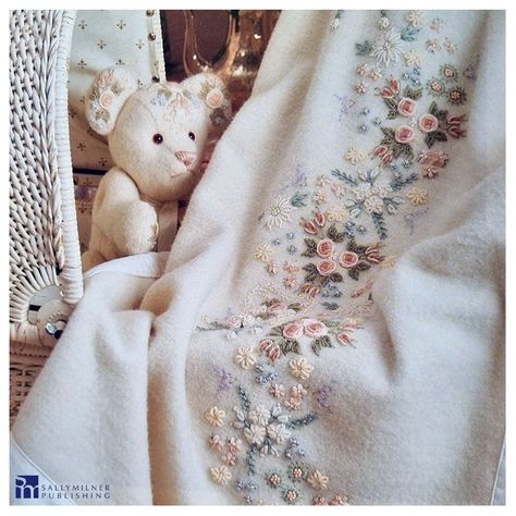 Beautifully embroidered blanket with a floral theme from Heirlooms of Tomorrow in Wool Embroidery by Joan Watters. Wool Embroidery Baby Blanket, Hand Embroidery Blanket, Blanket Embroidery Design, Embroidery Blanket, Blanket Embroidery, Shawl Knitting, Embroidered Blanket, Wool Embroidery, Embroidered Wool