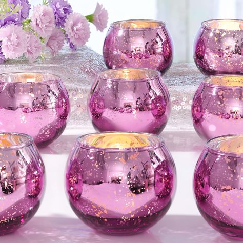 PRICES MAY VARY. 💜Mercury Glass Votives: Our selected Purple Mercury Glass Candle Holders feature a inner mercury coating that adds a touch of ambition to your evenings. As the candlelight flickers within, these holders cast beautiful projections on your tabletop, creating a captivating and dreamy atmosphere that brings your dinner party to a next level. 💍Purple Wedding Decorations: Elevate your wedding party decor with these exquisite glitter purple candle holders. Their elegant design and vi Purple And Gold Party Decorations Ideas, Purple Candle Holders, Purple Wedding Tables, Wedding Table Centerpieces Diy, 45 Birthday, Pink Purple Wedding, Purple Candle, Purple Wedding Decorations, Mercury Glass Candle Holders