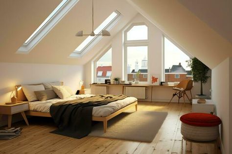 Modern dormer loft conversion interior design in apartment or house at UK. Luxury triangle attic room concept by AI Generated 31342214 Stock Photo at Vecteezy Dormer Interior, Skylight Through Attic, Loft Conversion Windows Dormer, Loft Dormer Sliding Doors, Hip To Gable Dormer Loft Conversion, Full Width Dormer Loft Conversion, Dormer Bedroom, Dormer Loft Conversion, Attic Loft