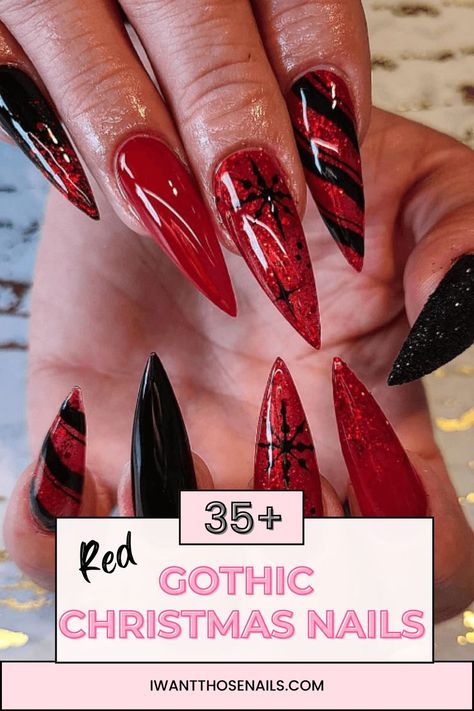 Step up your holiday nail game this year with these gothic-inspired red Christmas nail designs. From vampy shades to intricate black accents, these edgy looks will make a bold statement at any holiday gathering. Get inspired and try these unique designs to add some dark magic to your nails this season! Gothic Christmas Nail Designs, Intricate Christmas Nails, Gothic Xmas Nails, Black Red Christmas Nails, Black And Red Holiday Nails, Red Nails Black Design, Goth Christmas Nails Short, Red Black Christmas Nails, Dark Christmas Nails Acrylic