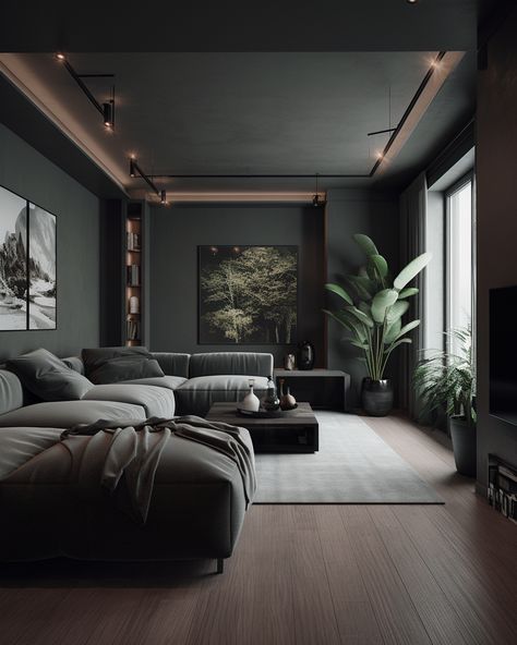 #modern #interior #room Dark Interior House Design, House Design Dark Academia, Dark Interiors Modern, Dark Living Room Aesthetic Modern, Dark Minimalistic Interior, Dark Minimalist Aesthetic Living Room, Dark Modern Apartment Interior Design, Dark Minimalist Aesthetic House, Grey Wall Interior Design