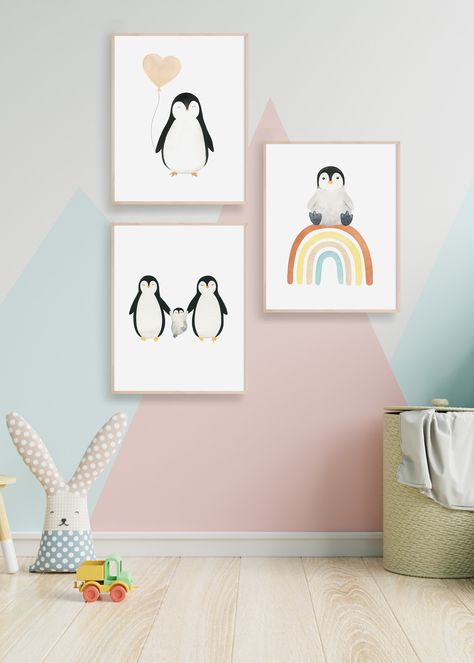 Penguin Room Theme, Penguin Nursery Ideas, Penguin Nursery Theme, Rainbow Penguin, Penguin Room, Winter Nursery, Penguin Heart, Penguin Poster, Watercolor Kids Room