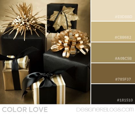 Color Palette Love | Black & Gold | DesignerBlogs.com Elegant Gift Wrapping, Gold Christmas Decorations, Creative Gift Wrapping, Idul Fitri, Beautiful Gift Wrapping, Wrapping Ideas, Noel Christmas, Black Gift, Christmas Gift Wrapping