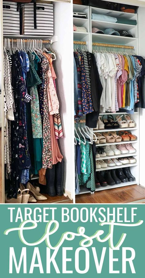 Inexpensive Closet Organization Diy, Small Reach In Closet Organization Ideas Bedroom, Bookshelf Closet Ideas For Kids, Closet Room On A Budget, Bookcase Into Closet, Budget Closet System, Target Shelves In Closet, Closet Organization With Bookshelves, Upper Closet Shelf Organization