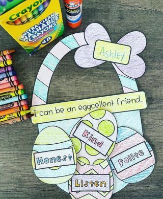 Spring is nearing and you know what that means? 🐣 🌸 🌈 ⬅ Last year, I had the kiddos decorate the friendship qualities they wanted to get better at. ➡ This year, I plan to have the kids decorate the eggs and hide them throughout the classroom for them to find. 🔍 Before glueing the traits onto their baskets, students will share stories about one another regarding the different traits they found! This project is great for team bui Spring Emotions Activities, Easter Crafts For Classroom, Easter Social Skills Activities, Easter Group Therapy Activities, Easter Social Emotional Activities, Lent Crafts For Preschoolers, Preschool Easter Crafts, Middle School Crafts, Easter Basket Craft