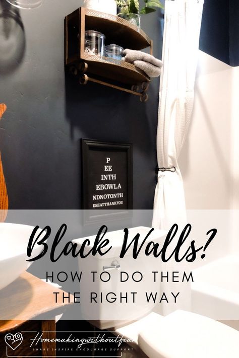 Does a sexy dark wall color in a SMALL bathroom scare you? Don’t let it. Dark walls – even black can be done. The resulting will be moody, intimate cozy, timeless and FABULOUS. Let share with you how you too can create this look. Black Walls Small Bathroom, Dark Accent Wall Bathroom Paint, Charcoal Walls Bathroom, Black Wall Small Bathroom, Bathroom Black Feature Wall, All Black Small Bathroom, Bathrooms With Dark Walls, Black White Small Bathroom, Black Color Drenched Bathroom