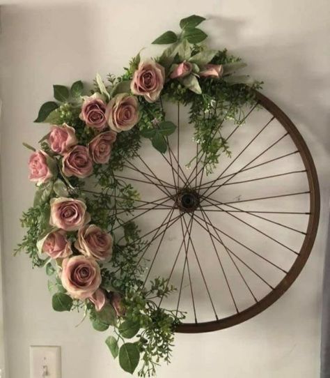 40+ Dollar Store Bicycle Wheel Wreath Ideas that look absolutely stunning | HubPages Deco Champetre, Fleurs Diy, Flowers And Greenery, Bicycle Wheel, Deco Floral, Summer Wreath, Diy Wreath, Spring Wreath, Spring Decor