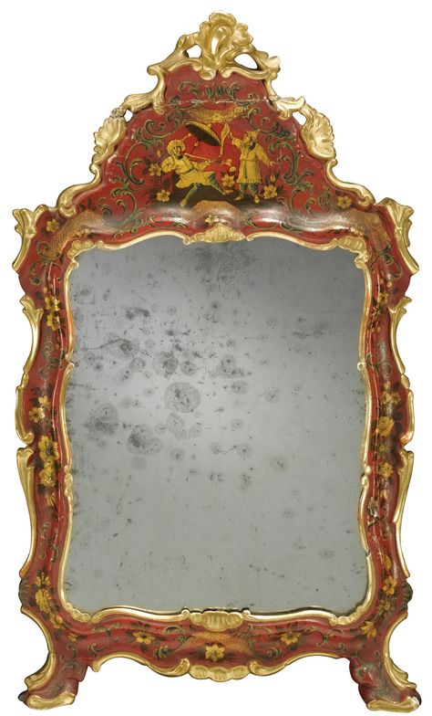 An Italian painted and lacquered mirror, Venetian<br><P>circa 1760 </P> | lot | Sotheby's Chinoiserie Mirror, Venetian Furniture, Antique Mirror Frame, Lacquered Mirror, Classic Italian Style, Gilded Mirror, Mirror Plates, Antique Perfume Bottles, Antique Perfume