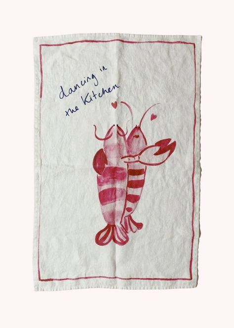 Kitchen Dancing, Lobster Print, Dancing In The Kitchen, Friends Sign, Linen Collection, Watercolor Images, Linen Tea Towel, Table Linen, Towels Design