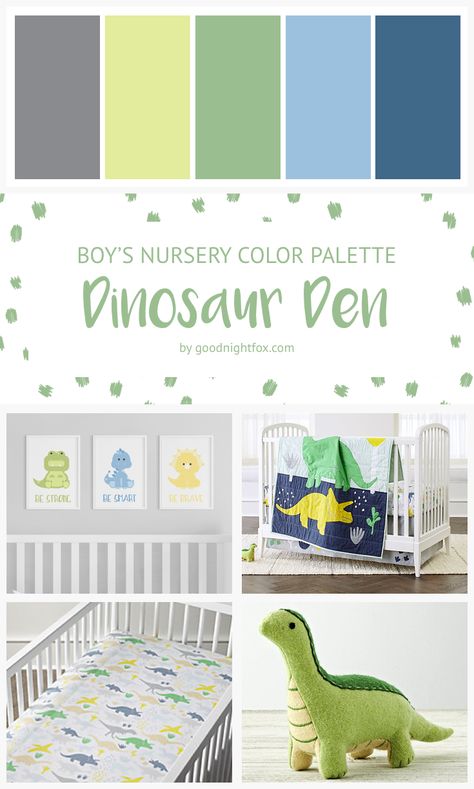 Dinosaur Boy Nursery Color Palette — Goodnight Fox Dinosaur Room Mural, Dino Color Palette, Dinosaur Theme Nursery For Boys, Baby Boy Color Schemes, Baby Room Colors Boy, Baby Boy Nursery Dinosaur Theme, Boy Nursery Dinosaur Theme, Toddler Boy Room Colors Schemes, Dinosaur Boy Nursery