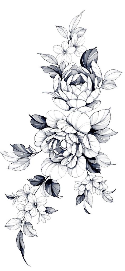 Foliage Tattoo Design, Floral Arm Tattoo, Peony Flower Tattoos, Flores Tattoo, Japanese Flower Tattoo, Floral Thigh Tattoos, Flower Tattoo Drawings, Floral Tattoo Sleeve, Sketch Tattoo Design