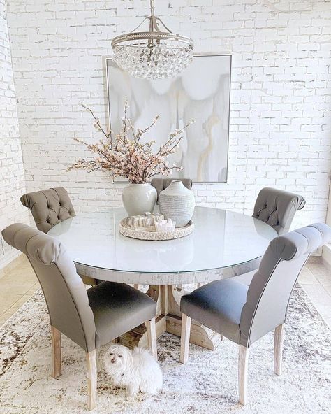 Dining Room Design Ideas & Room Inspiration | Lamps Plus Round Dinning Room Table, Dining Table Decor Centerpiece, Round Dining Table Decor, Diy Brick Wall, Circle Dining Table, Dining Room Wall Color, Round Table Decor, Table Centerpieces For Home, Glass Round Dining Table