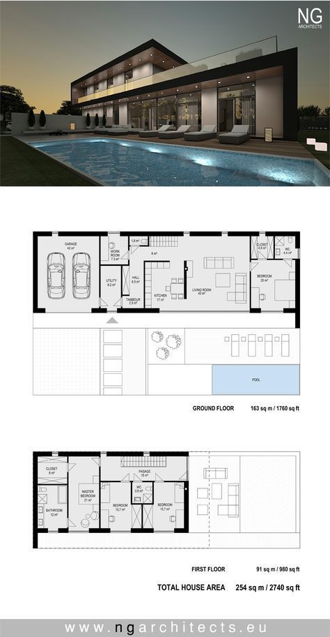 Detail Arsitektur, Home Designs Exterior, Pelan Rumah, Modern House Floor Plans, Modern Villa Design, Villa Plan, Sims House Plans, House Layout Plans, Plans Modern