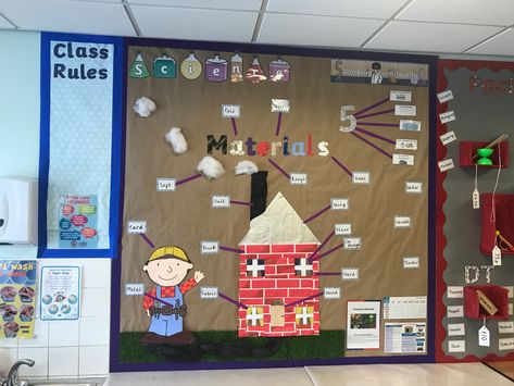 Everyday materials display year 1 science topic Year 1 Science Display, Year 1 And 2 Classroom Ideas, Year 1 Science, Ks1 Science, Classroom Display Boards, Science Materials, Year 1 Classroom, Material Display, Science Display