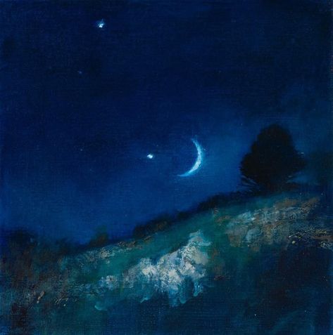 Malvern Nocturne 2018 Venus Jupiter, The Night Sky, Crescent Moon, Night Sky, Crescent, Dark Blue, Oil Painting, Moon, Blue