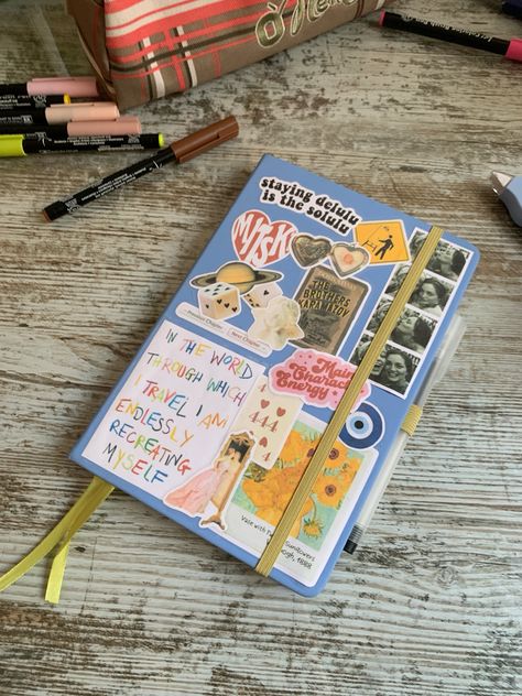 Bujo, bullet journal cover with aesthetic stickers Diary Theme Ideas, Front Cover Of Journal Ideas, Journal Book Covers Ideas, Journal With Stickers On Cover, Small Junk Journal Ideas, Scrapbook Notebook Cover, Sticker Covered Notebook, Journals Aesthetic Cover, Stickers On Journal Cover