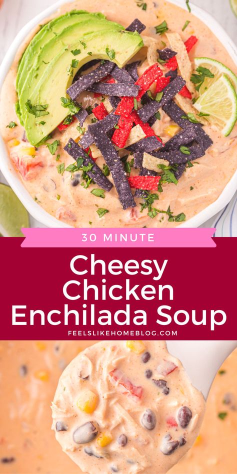 A creamy and flavorful chicken enchilada soup, topped with tortilla strips and avocado, made quick and easy in one pot using leftover or rotisserie chicken, perfect for a comforting meal with the title “30-minute cheesy chicken enchilada soup” Best Tortilla Soup, Leftover Shredded Chicken Recipe, Cheesy Chicken Tortilla Soup, Cheesy Chicken Enchilada Soup, Creamy Chicken Enchilada Soup, Rotisserie Chicken Enchiladas, Cheesey Chicken, Chicken Cheese Enchiladas, Use Leftover Chicken