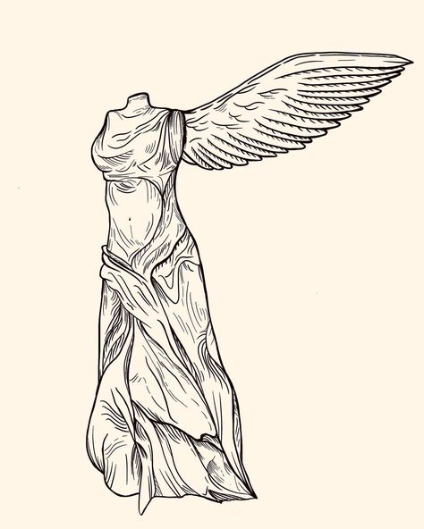 Tattoo design inspired by 'The Winged Victory of Samothrace’ statue 🕊️ {Etching} • • #tattoodesign #statue #tattoos #tattoostyle #tattooart #tattooideas #tattooinspiration #art #artist #cheltenham #cheltenhamart #instaart #blackworktattoo #etchingtattoo #etching Winged Victory Drawing, Nike Of Samothrace Drawing, Victory Statue Tattoo, Venus Statue Tattoo, Aphrodite Statue Tattoo, Winged Victory Of Samothrace Tattoo, Greek Statue Design, Winged Victory Tattoo, Greek Sculpture Tattoo