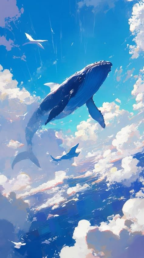 Illustration of a swimming whale in a clear clear blue sky among the clouds stock photography Sky Whales Aesthetic, Whales Swimming In The Sky, Cloud Whale Art, Whale In The Sky Art, Whale Surrealism, Blue Whales Photography, Sky Whale Art, Whale Concept Art, Flying Whale Art