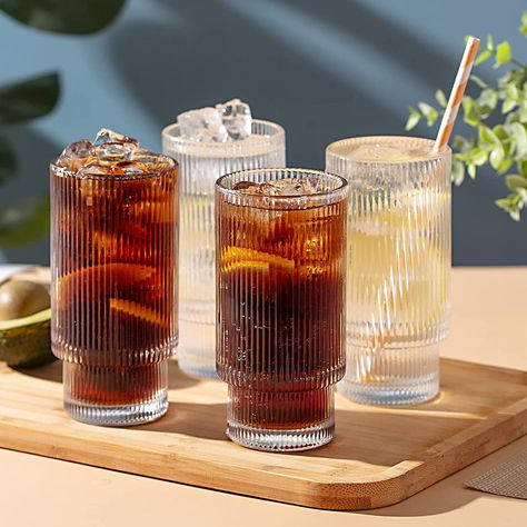 SUNNOW Vastto 11 Ounce Stackable Ribbed Glass Cup,Iced Tea Glasses for Water, Beverage,Juice, Wine,Beer and Cocktail,Set of 4 Juice Glass Set, Glass Cup Set, Cafe Cup, Iced Tea Glasses, Juice Cup, Cocktail Set, Tea Glasses, Ribbed Glass, Highball Glass