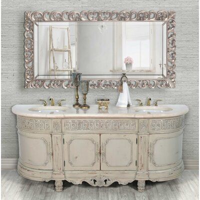 The Voegele Double Bowl Vanity from AFD Home is a very special bathroom vanity measuring 84" in length. This item is 100% Hand-Made with Imported Creme Marvel Marble featuring a double-thick bullnose edge, 2 porcelain bowls, predrilled 8" on centre holes are provided for easier install of the higher-end bathroom. The craftsmanship of this bathroom vanity and the end result is truly a superior piece of functional furniture to compete in a very upscale bathroom project. It combines the skills of e Upscale Bathroom, Double Vanity Bathroom, Double Bathroom, Chic Bathrooms, Double Bathroom Vanity, Wood Vanity, Functional Furniture, Plumbing Fixtures, Beautiful Bathrooms