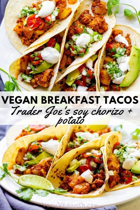 Trader Joe’s Soy Chorizo Recipes, Soy Chorizo Recipes, Potato Breakfast Tacos, Chorizo Potato, Spicy Breakfast, Breakfast Tacos Recipe, Chorizo Tacos, Soy Chorizo, Chorizo Breakfast