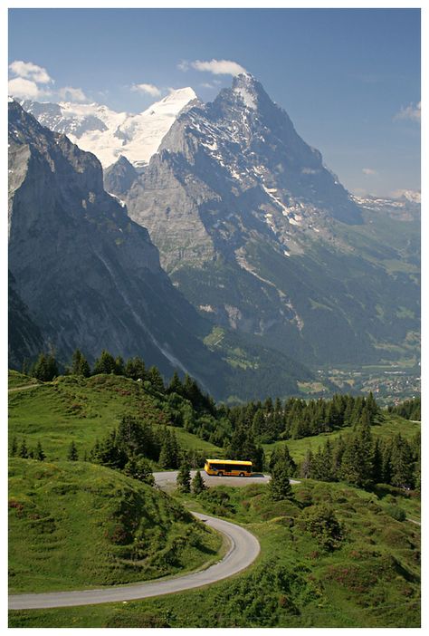 Eiger north face - Bus descending from Grosse Scheidegg mountain pass down to Grindelwald. Eiger North Face, Grindelwald Switzerland, Travel Switzerland, Beautiful Switzerland, Bern Switzerland, Mountain Pass, Scenic Roads, Cheap Flight, Cheap Flight Tickets