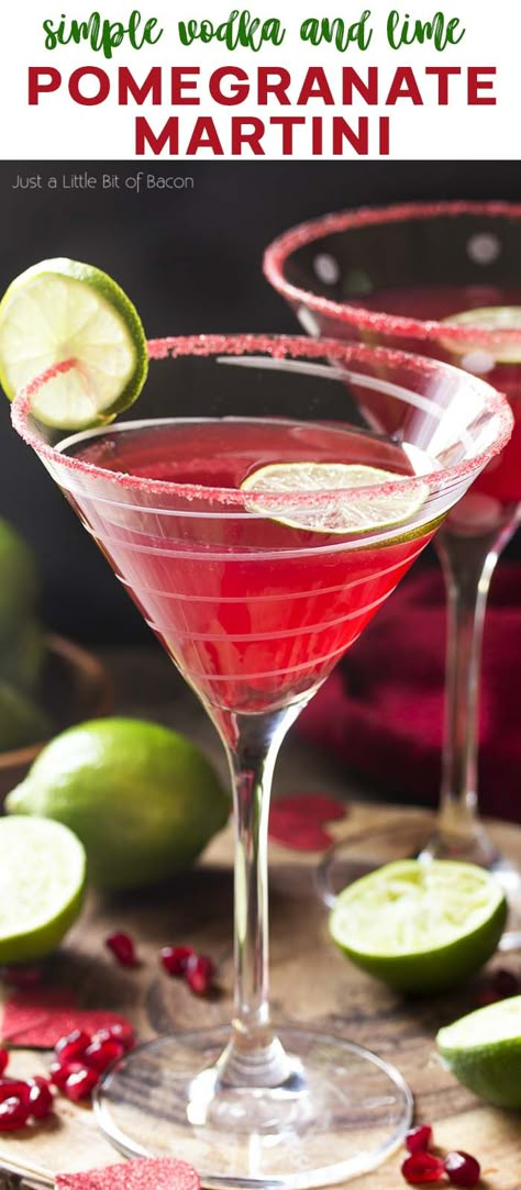 For the perfect holiday drink, try my vodka pomegranate martini cocktail! This easy recipe is well balanced, not too sweet, and simple to make. Great for Christmas, Valentine's Day, or any day you want a little something. | justalittlebitofbacon.com #cocktails #drinks #cocktailrecipes #drinkrecipes #pomegranate #martini #martinirecipes Berry Martini Recipes, Pomagranet Martini Recipe, Simple Martini Recipes, Christmas Martini Holiday Drinks, Valentines Martini, Red Cocktail Drinks, Bday Cocktails, Holiday Martini Recipes, Valentine Martini