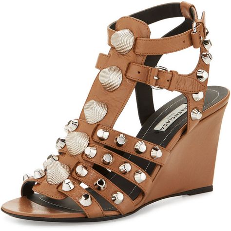 Balenciaga Studded Caged Wedge Sandal featuring polyvore women's fashion shoes sandals marron glace balenciaga sandals ankle wrap wedge sandals studded sandals ankle strap wedge sandals balenciaga shoes Balenciaga Sandals, Shoes Balenciaga, Balenciaga Leather, Brown Accessories, Fashion Shoes Sandals, Ankle Strap Wedges, Strap Wedge, Balenciaga Shoes, Studded Sandals