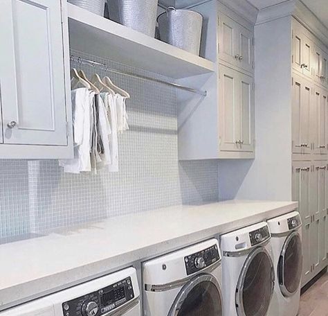 Laundry room over washer/dryer clothes hanging rod & above window storage. Rod In Laundry Room, Hanging Rods In Laundry Room, Laundry Hanging Rack, Dream Laundry Room, Laundry Cabinets, Laundry Room Layouts, Clothes Rod, Clothes Hanging, Laundry Room Cabinets