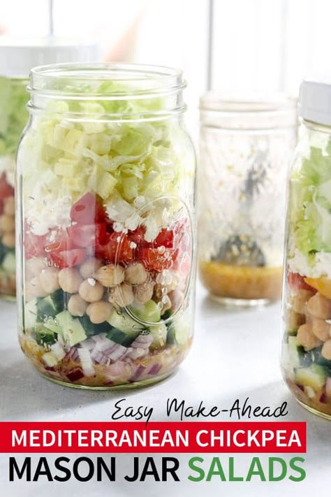 These Mediterranean Chickpea Mason Jar Salads are an EASY make-ahead meal for the week. They make an easy vegan or vegetarian packed lunch, and are loaded with fiber and plant-based protein. #masonjarsalad #salad #healthy #recipe #chickpeas #pulses #makeahead #detox via @Detoxinista Make Ahead Camping Food, Camping Food Ideas, Mason Jar Salads, Mediterranean Chickpea, Salad Jar Recipe, Jar Salads, Jar Salad, Mason Jar Salad Recipes, Mason Jar Salad