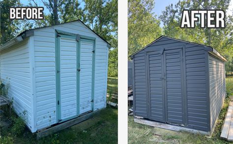 Before and After: Quick Backyard Shed Makeover - Nikki's Plate Shed Makeover Exterior Before After, Shed Makeover Exterior, Plastic Shed Makeover, Fireplace Ideas With Tv Above, Shed Transformation, Fireplace Ideas With Tv, Plastic Shed, Shed Makeover, Shed Interior